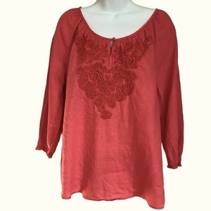 Linen Orange Flowy Lagenlook Top Tunic Blouse Medium Boho Prairie Embroidered